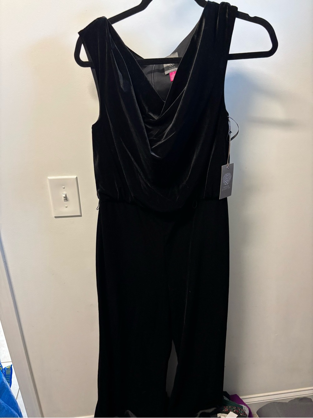 Vince Camuto Black Velvet Draped V-Neck Jumpsuit